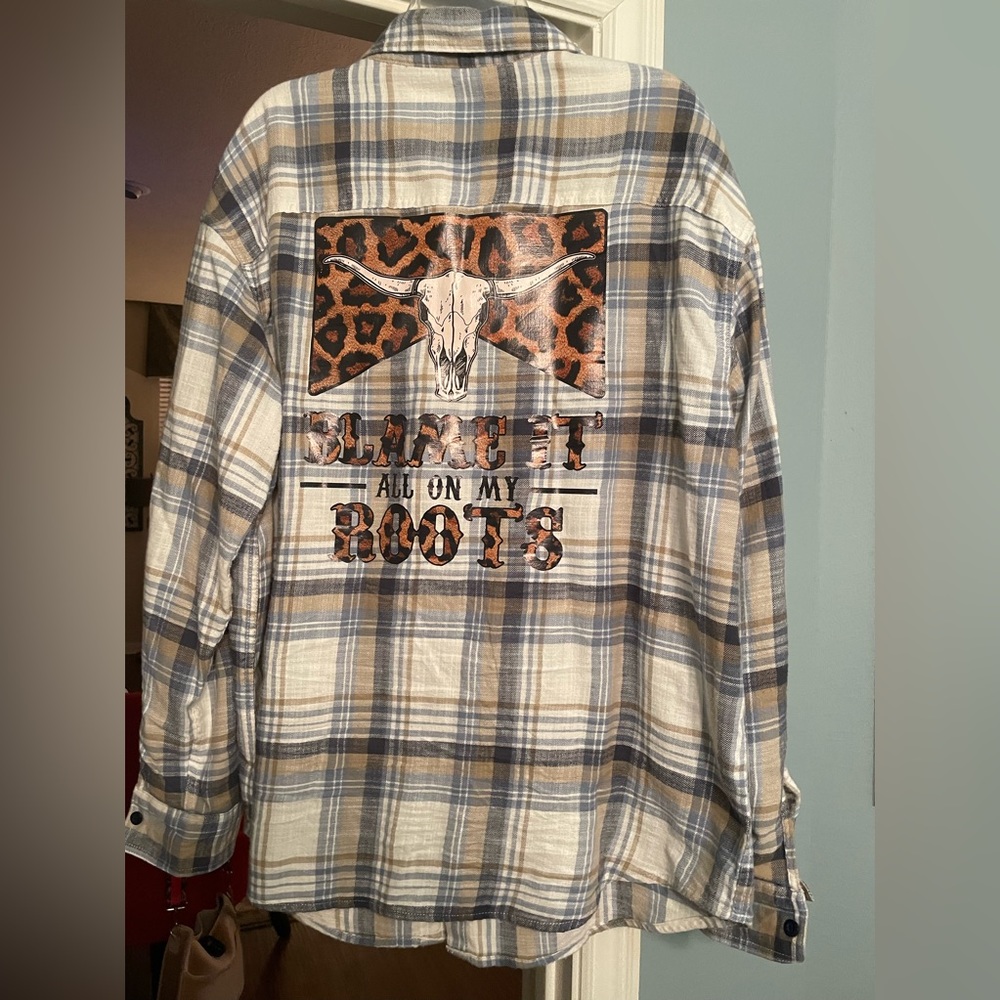 American Eagle Flannel Shirt—Blame it all on my roots Vinyl heat press.